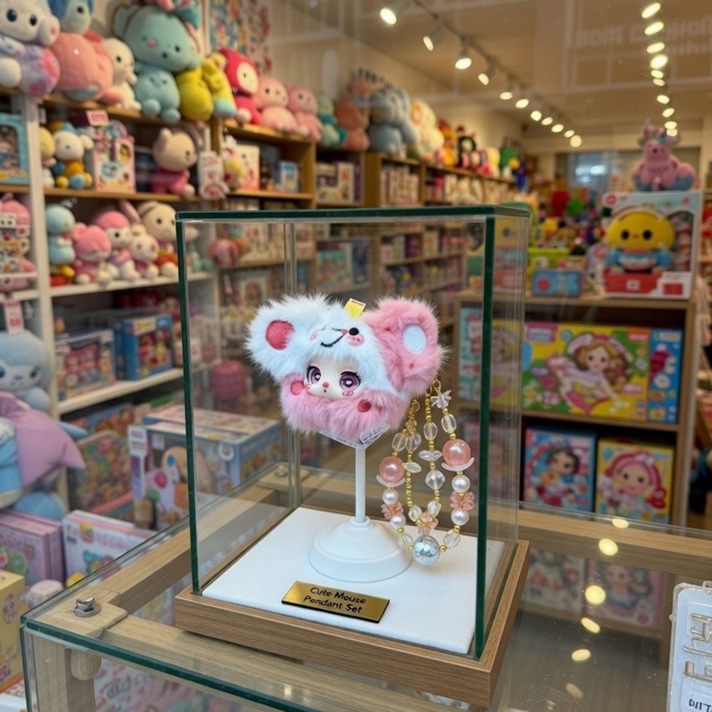 Cute Mouse Plushie pendant and beaded charm Set - Pink and white.